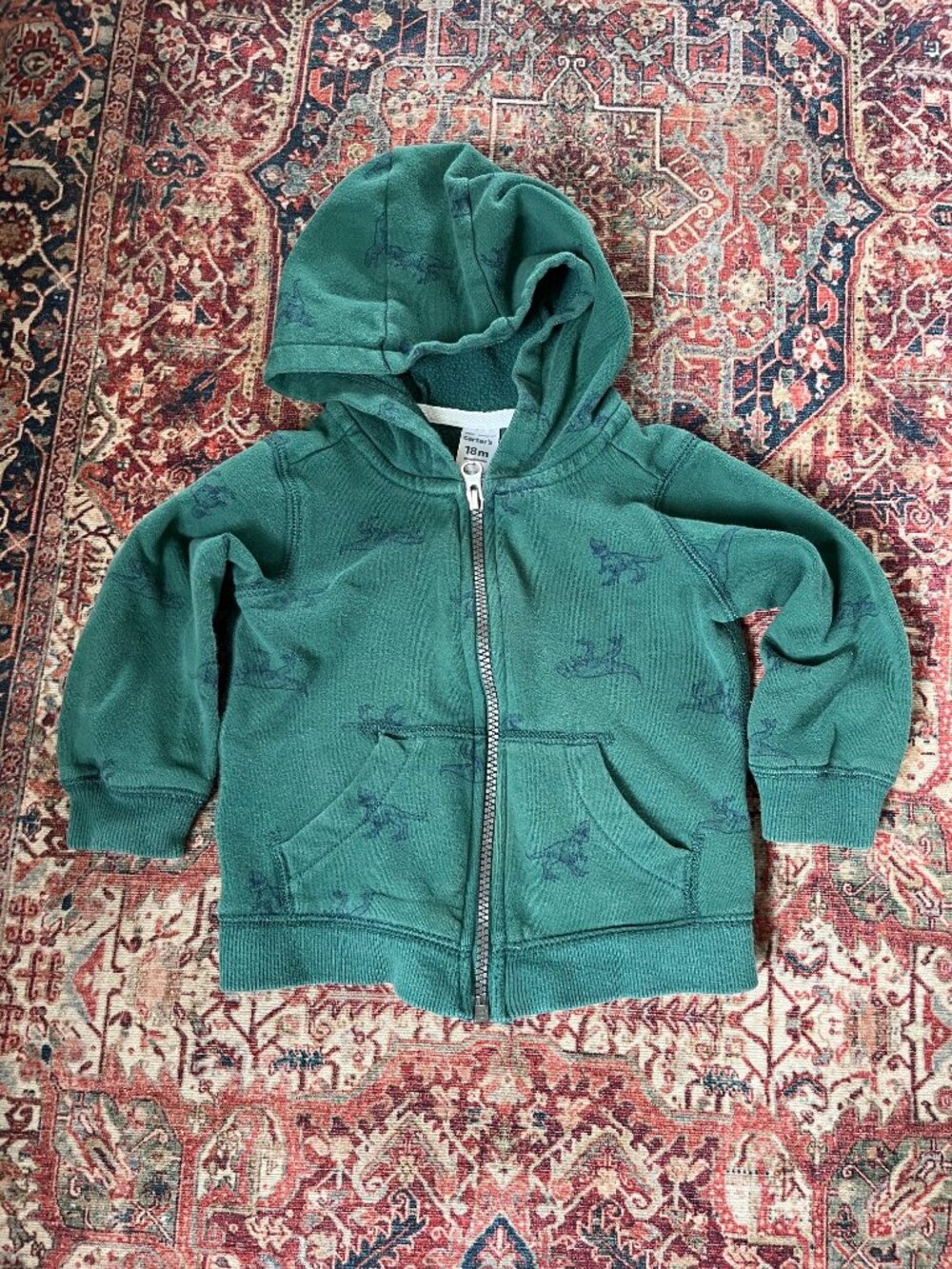 🦖 Carter's Green All Over Dinosaur Print Full Zip Hooded Fleece Sweater 18 M